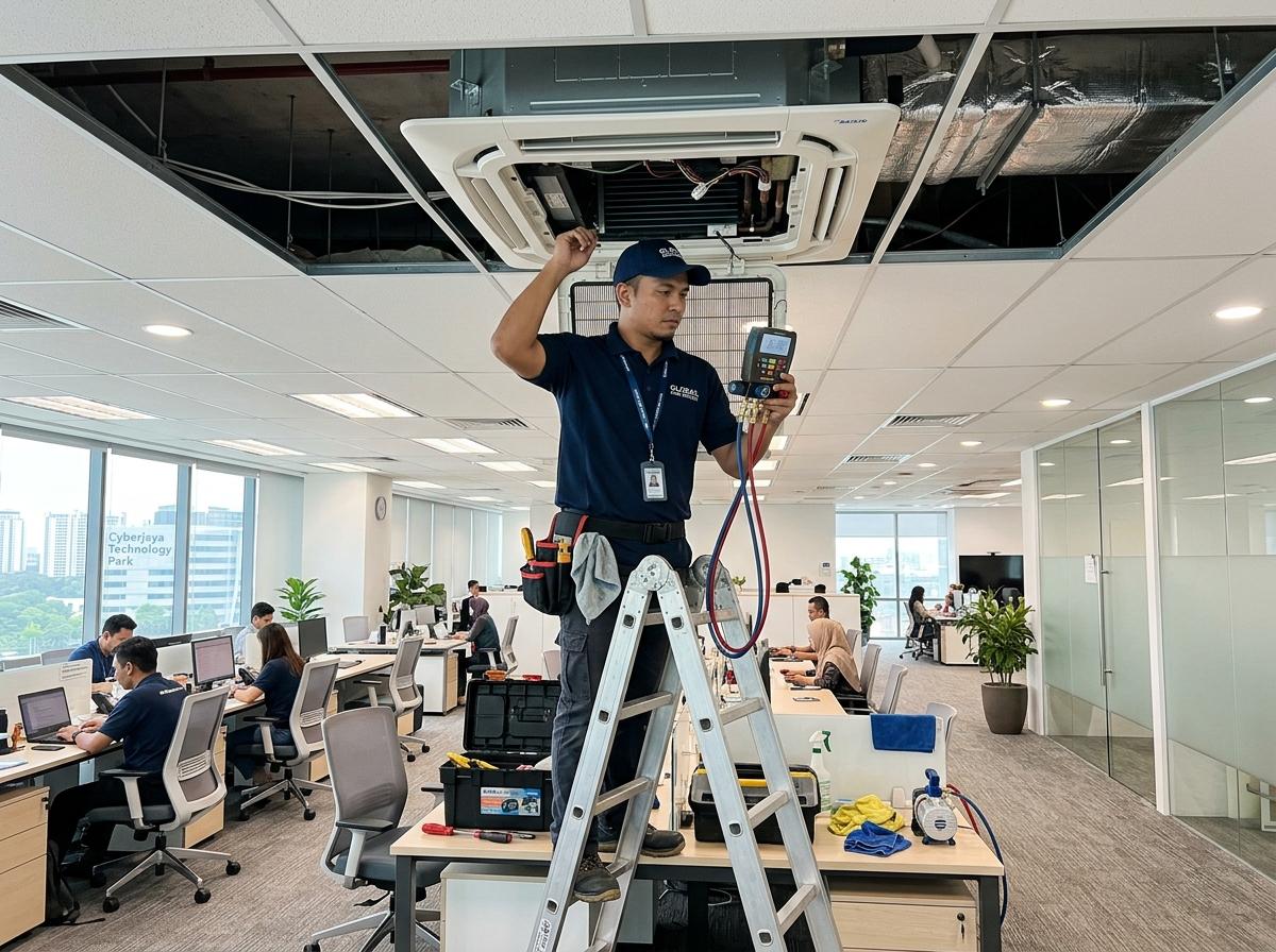 Shah Services technician servicing a 4-way ceiling cassette in a Shah Alam & i-City corporate tech office