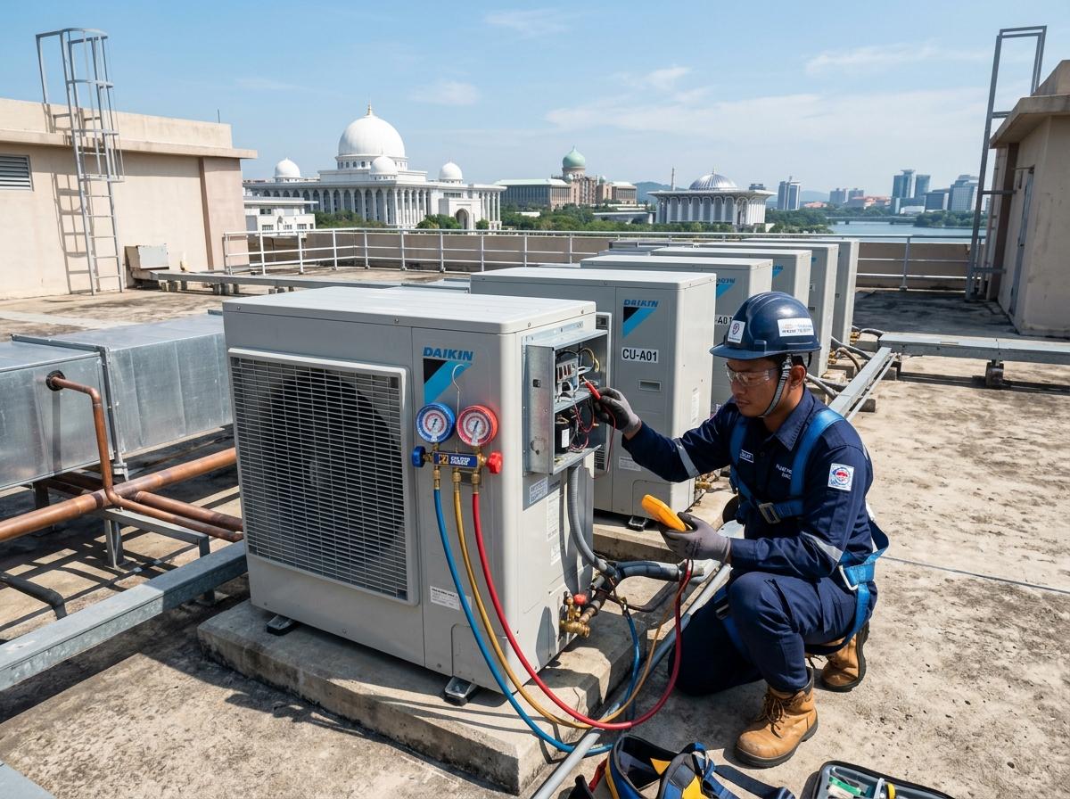 Shah Services certified technician checking commercial rooftop aircon condenser fleet in Shah Alam & i-City